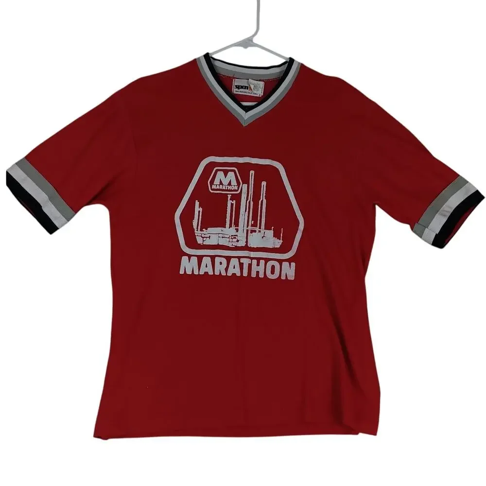 Spanjan‎ Vintage Marathon Oil Baseball Shirt Boys XL Red Advertising Logo USA 14